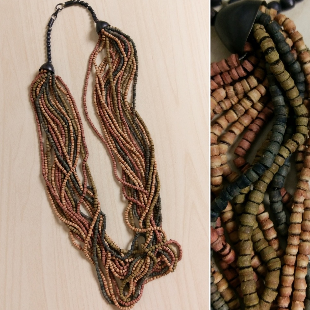 Wood Bead Boho Statement Multi-Strand Necklace